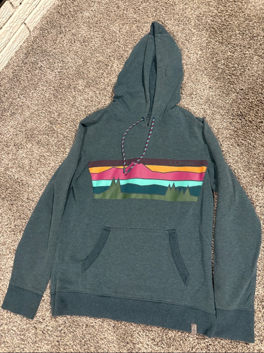 L.L. Bean Women’sDark Green Crewneck Hoodie with Multicolor Mountain Stripe